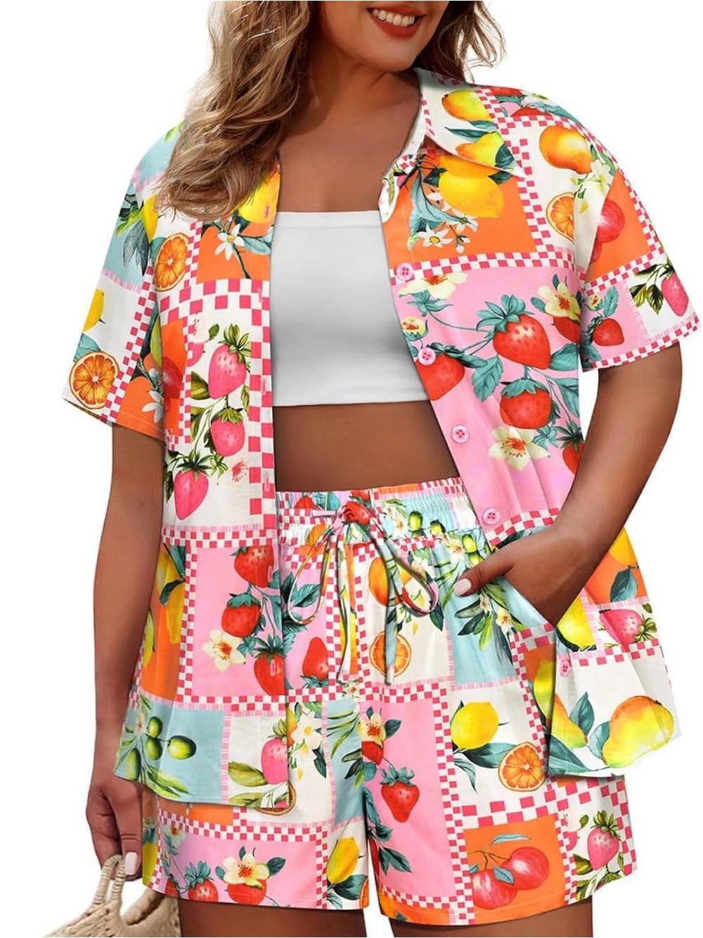 Fruit Patchwork Button-Up Short Set in Pink & Orange